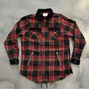 ORO Plaid Flannel Shirt Red/Black Zip Pockets Corduroy Detail Snap Front Sz L
